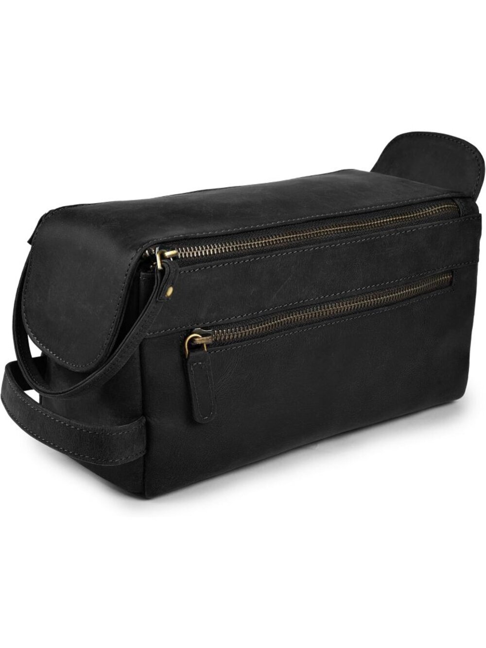 Men's Distressed Black Genuine Leather Travel Toiletry Bag Water Resistant Bag